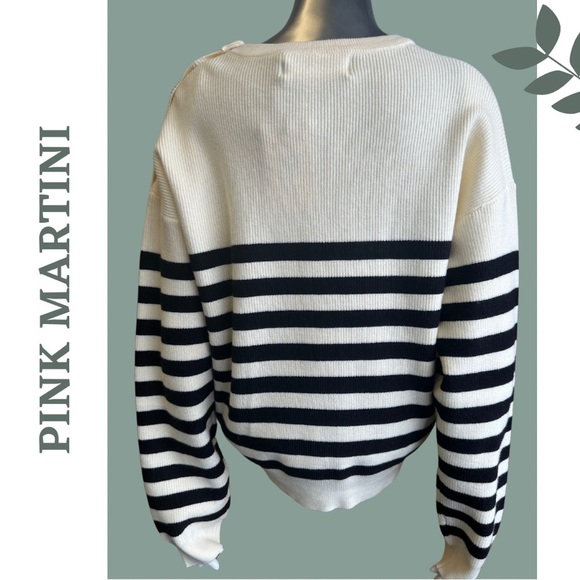 Pink Martini Crew Neck Sweater Pullover Button Detail Stripe Cream Black Large - Picture 7 of 8